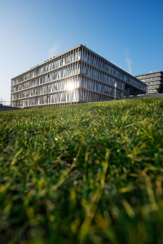 Architectural photography: General view of a modern building of a research institute with a facade of sloping concrete elements and windows down to the ground. In the foreground you can see a green meadow. Above blue sky.