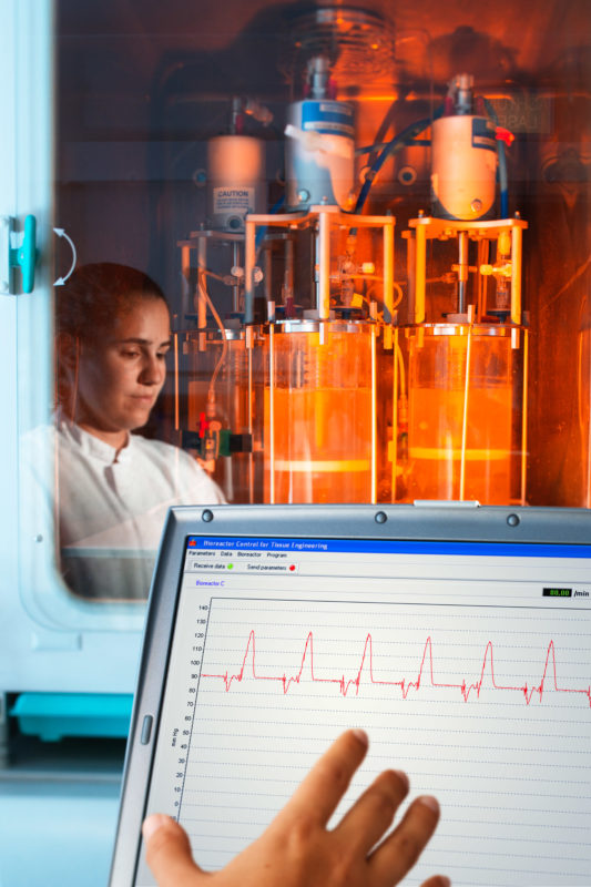 Science photography: In the laboratory of Prof. Dr. Markus Otto neurologist at the University Clinic of Ulm: Bioreactor for culturing heart cells under real physical conditions. On-screen control program for the bioreactors like blood pressure and frequency.