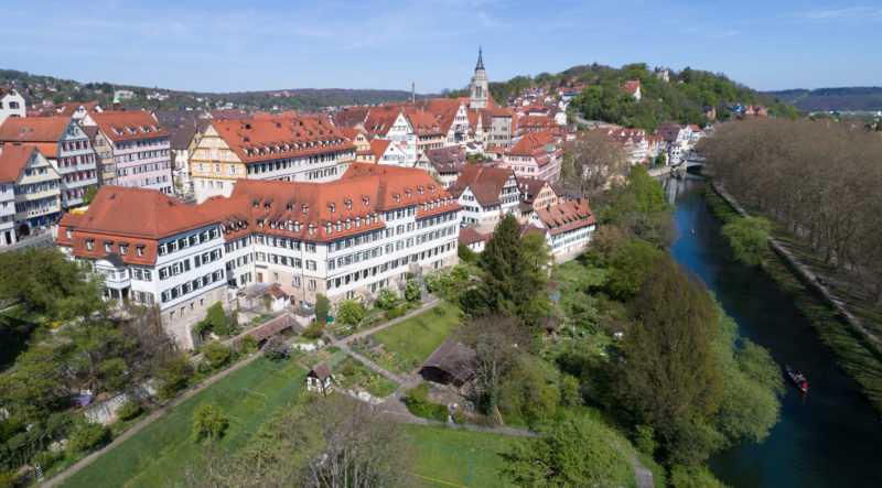 Aerial and Drone photography: View of the old town of Tübingen with the Neckar.