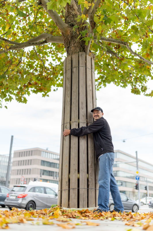 Editorial Portrait: Ein Freund von Bäumen umarmt einen Baum am Rand einer vielbefahrenen Straße. Der Stamm des Baumes ist durch Holzbretter gegen Schäden durch Autos geschätzt.