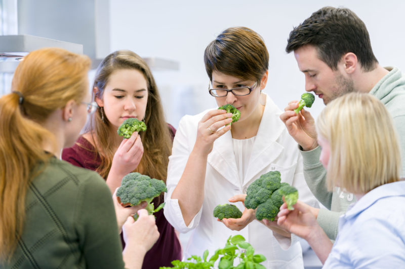 Reportagefotografie zum Thema Lernen und Bildung: An einer Universität wird in einem praktischen Lehrgang im Studiengang Ernährungswissenschaften die Aufmerksamkeit der Studierenden auf den Einsatz des Geruchssinnes gelenkt.