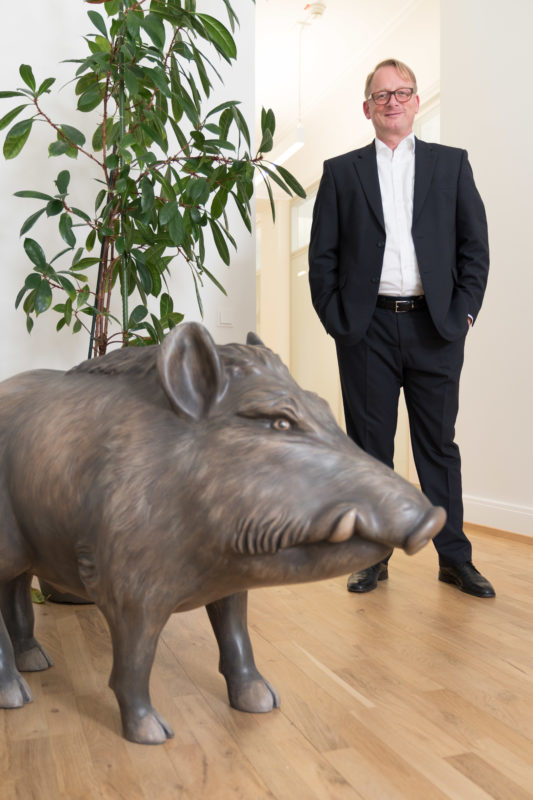 Managerportrait: Der geschaeftsfuehrende Vorstand in den Räumen einer Stiftung. Im Vordergrund sieht man ein Wildschwein aus Plastik, das an die Wälder erinnert, die von der Stiftung verwaltet werden.