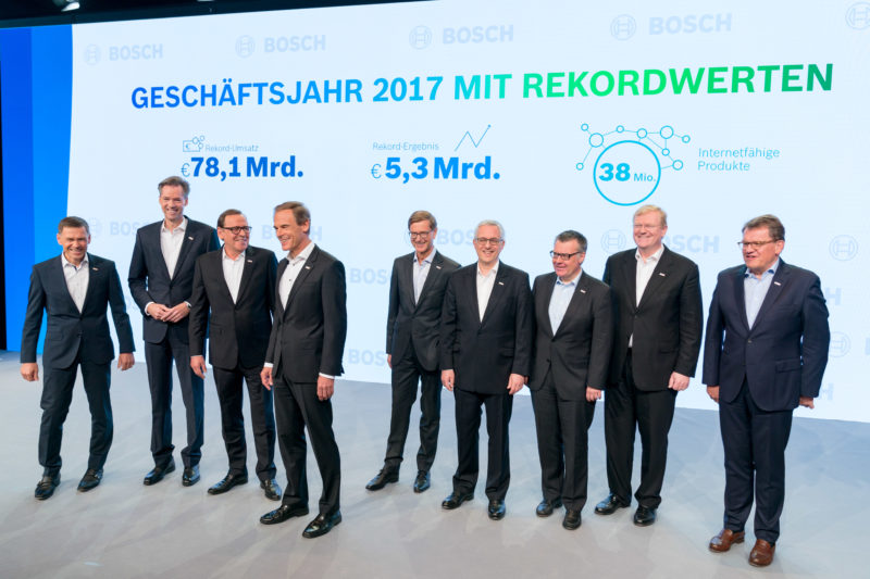 Gruppenfoto: Versuch eines Gruppenfotos der Geschäftsführung während einer Bilanzpressekonferenz. Alle freuen sich über die Rufe der Presse und beginnen auf der Bühne eine Reihe zu bilden.