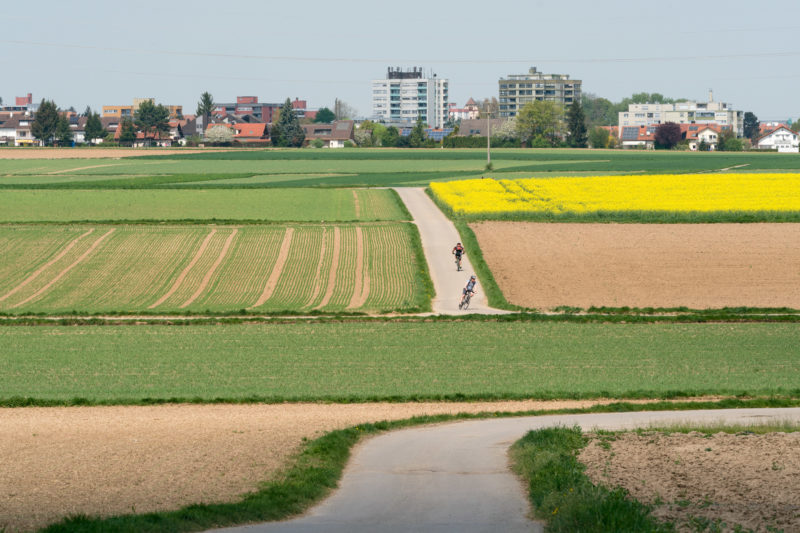 Landscape photogaphy: Typical southern German agriculture on the edge of a settlement of a medium-sized Swabian town. Cyclists make a sporty trip along the differently used fields.