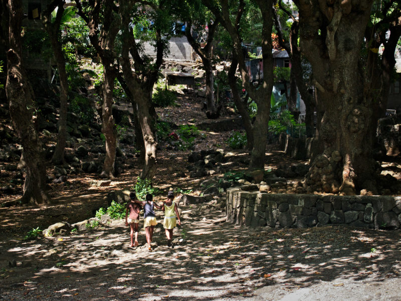 travel photography: Mauritius: Three children on their way home from the beach. They pass between large trees that cast spotted shadows on the ground.