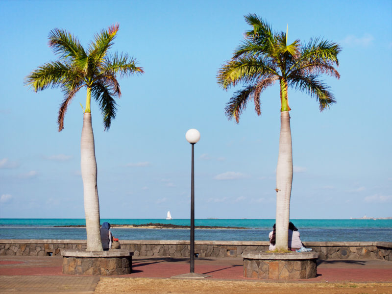 travel photography: Mauritius: At a harbour people are sitting under palm trees. In the background a sailing ship and a lighthouse far away.