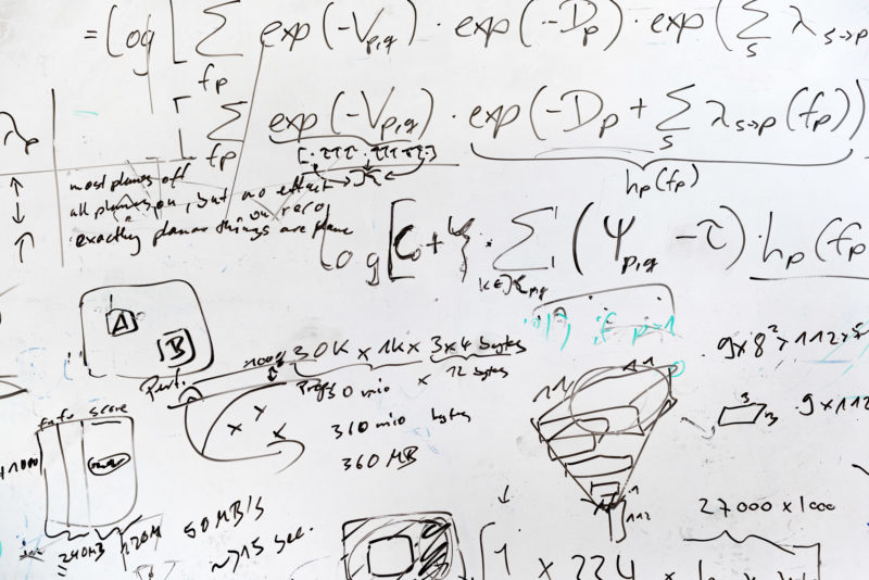 Wissenschaftsfotografie: Mit Formeln und Zeichnungen dicht beschriftete Tafel bei der Autonomous Vision Group von Prof. Andreas Geiger am Max-Planck-Institut für Intelligente Systeme in Tübingen, wo unter anderem an der Umwandlung von zweidimensionalen Kamerabilder in Dreidimensionalität geforscht wird.