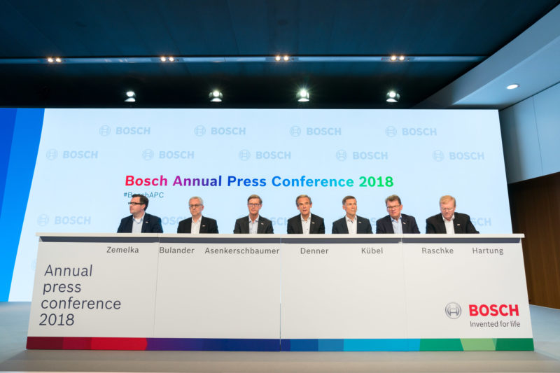 PR-Fotografie: Pressefotos auf der Pressekonferenz der Robert Bosch GmbH:  Das Podium mit allen Geschäftsführern.