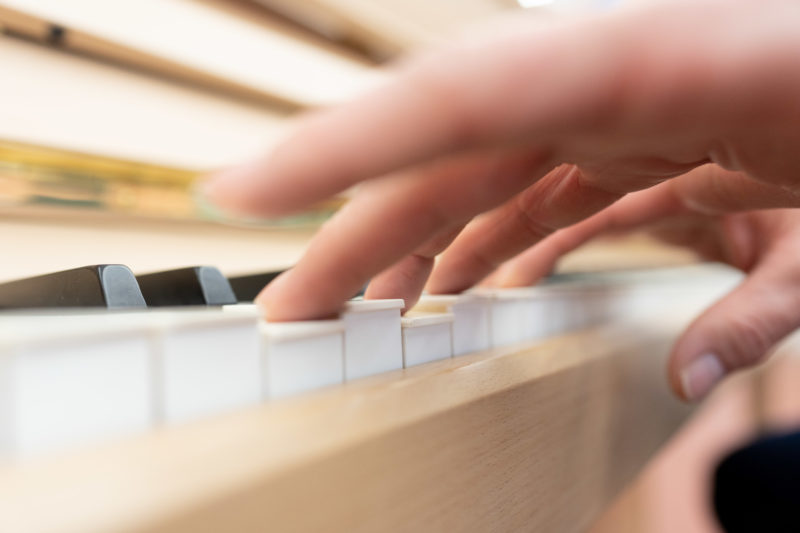 Reportage photography: Scientists create artificial ivory: Landscape format of the keyboard with white keys made of the new material. You can see the hand of the player.