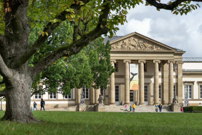 Stadtportrait Stuttgart: Das Naturkundemuseum Schloß Rosenstein im Rosensteinpark mit seinem Säuleneingang.