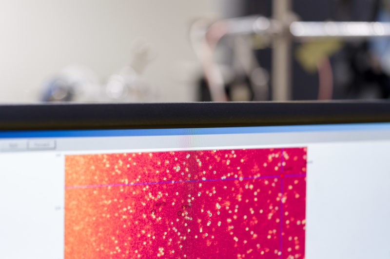 Science photography at an institute of physics at the University of Stuttgart: On a screen you can see a red coloured scientific image from an experimental setup.