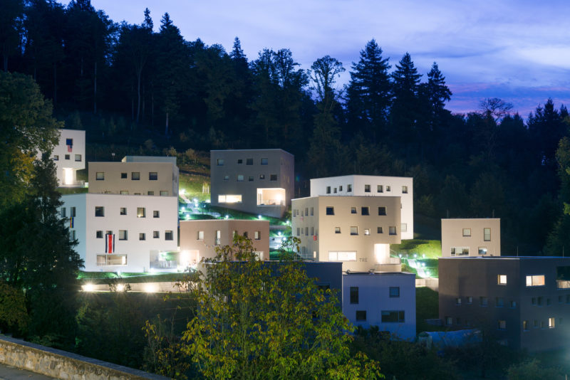 Architectural photography: A group of modern cube-shaped houses nestle on a wooded slope. The photo is taken at dusk, so that the buildings shine white in front of the dark blue sky and the dark forest.